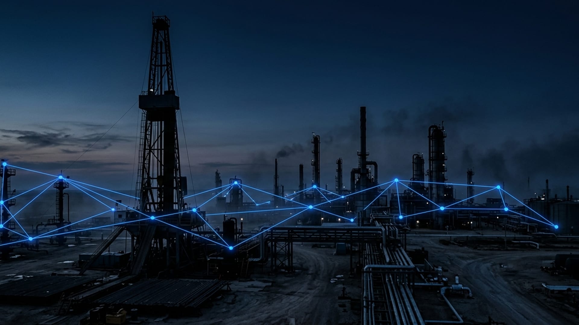 Industrial oil and gas network at dusk with a glowing blue connectivity mesh